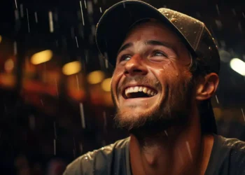 joyful man illuminated by night enjoys rain generated by artificial intelligence 683821e9d226b